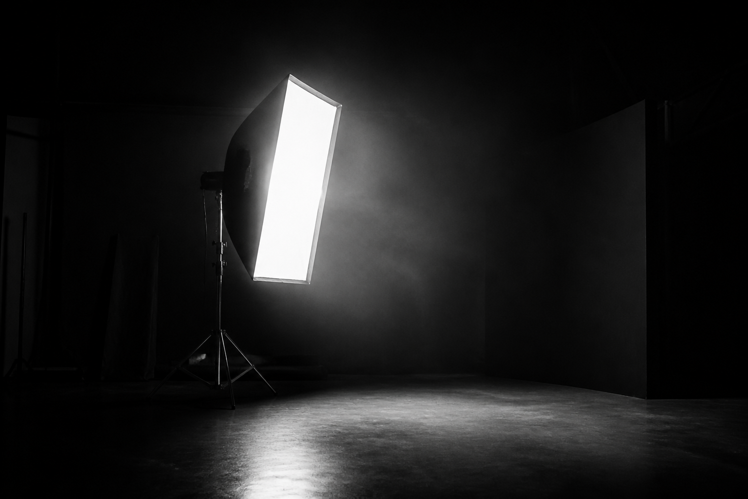Set di studio fotografico con singola luce e fondale scuro